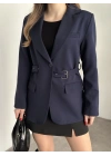 Beli kemer detaylı blazer ceket lacivert