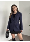 Beli kemer detaylı blazer ceket lacivert