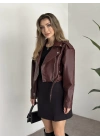 beli kemer detaylı crop boy deri ceket bordo