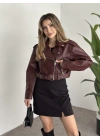 beli kemer detaylı crop boy deri ceket bordo