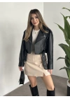 beli kemer detaylı crop boy deri ceket siyah