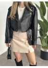 beli kemer detaylı crop boy deri ceket siyah