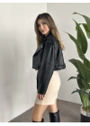 beli kemer detaylı crop boy deri ceket siyah