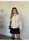beli lastikli dik yaka bomber ceket krem