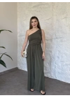Beli lastikli omuzu büzgülü tek omuz tulum haki