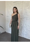 Beli lastikli omuzu büzgülü tek omuz tulum haki
