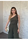 Beli lastikli omuzu büzgülü tek omuz tulum haki