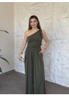 Beli lastikli omuzu büzgülü tek omuz tulum haki