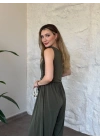 Beli lastikli omuzu büzgülü tek omuz tulum haki