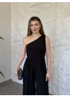Beli lastikli omuzu büzgülü tek omuz tulum siyah