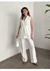 Belinden bağlamalı ultra yüksek bel pantolonlu takım beyaz
