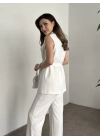 Belinden bağlamalı ultra yüksek bel pantolonlu takım beyaz