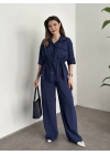 Belinden büzgülü gömlekli modal takım lacivert