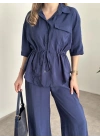 Belinden büzgülü gömlekli modal takım lacivert