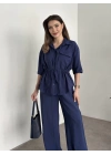 Belinden büzgülü gömlekli modal takım lacivert