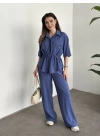 Belinden büzgülü gömlekli modal takım mavi