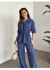Belinden büzgülü gömlekli modal takım mavi