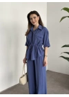 Belinden büzgülü gömlekli modal takım mavi