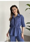 Belinden büzgülü gömlekli modal takım mavi