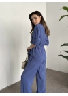 Belinden büzgülü gömlekli modal takım mavi
