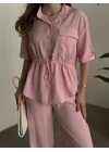 Belinden büzgülü gömlekli modal takım pembe