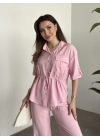 Belinden büzgülü gömlekli modal takım pembe