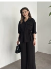 Belinden büzgülü gömlekli modal takım siyah
