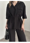 Belinden büzgülü gömlekli modal takım siyah