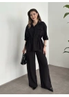 Belinden büzgülü gömlekli modal takım siyah