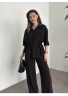 Belinden büzgülü gömlekli modal takım siyah