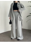 Belinden kuşaklı kimona takım gri