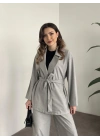 Belinden kuşaklı kimona takım gri