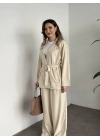 Belinden kuşaklı kimona takım krem