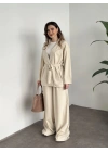 Belinden kuşaklı kimona takım krem