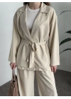 Belinden kuşaklı kimona takım krem