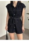 Belinden kuşaklı mini denim elbise