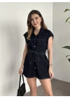 Belinden kuşaklı mini denim elbise