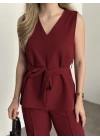Belinden kuşaklı v yaka dabıl takım bordo