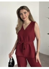 Belinden kuşaklı v yaka dabıl takım bordo