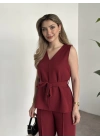 Belinden kuşaklı v yaka dabıl takım bordo