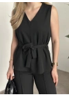 Belinden kuşaklı v yaka dabıl takım siyah