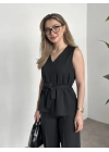 Belinden kuşaklı v yaka dabıl takım siyah