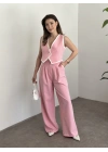 Beyaz şeritli crop boy yelekli takım pembe