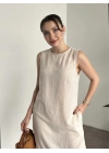 Bisiklet yaka cepli kısa keten elbise krem