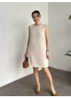 Bisiklet yaka cepli kısa keten elbise krem