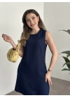 Bisiklet yaka cepli kısa keten elbise lacivert