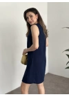 Bisiklet yaka cepli kısa keten elbise lacivert