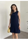 Bisiklet yaka cepli kısa keten elbise lacivert