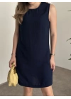 Bisiklet yaka cepli kısa keten elbise lacivert