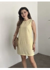 Bisiklet yaka cepli kısa keten elbise sarı